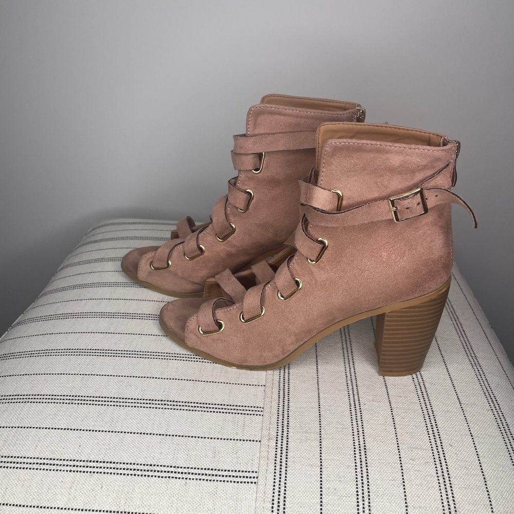 Qupid- Pink Suede Open Toe Heels